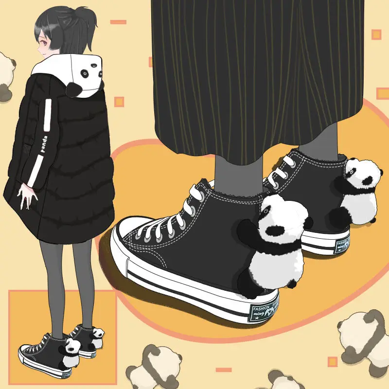 

Women Lovely Panda Dolls Canvas Shoes Students Black Vulcanized Shoes Female Casual High Top Sneakers Girl Lolita Flats Shoes