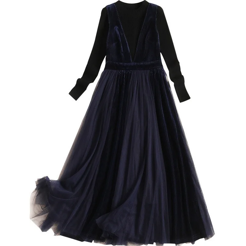 

2020 Women Dress Suits Fashion Lady Office Wear Black Bottom Knitted Tops Pleuche Patched Grenadine Long Suspender Skirt