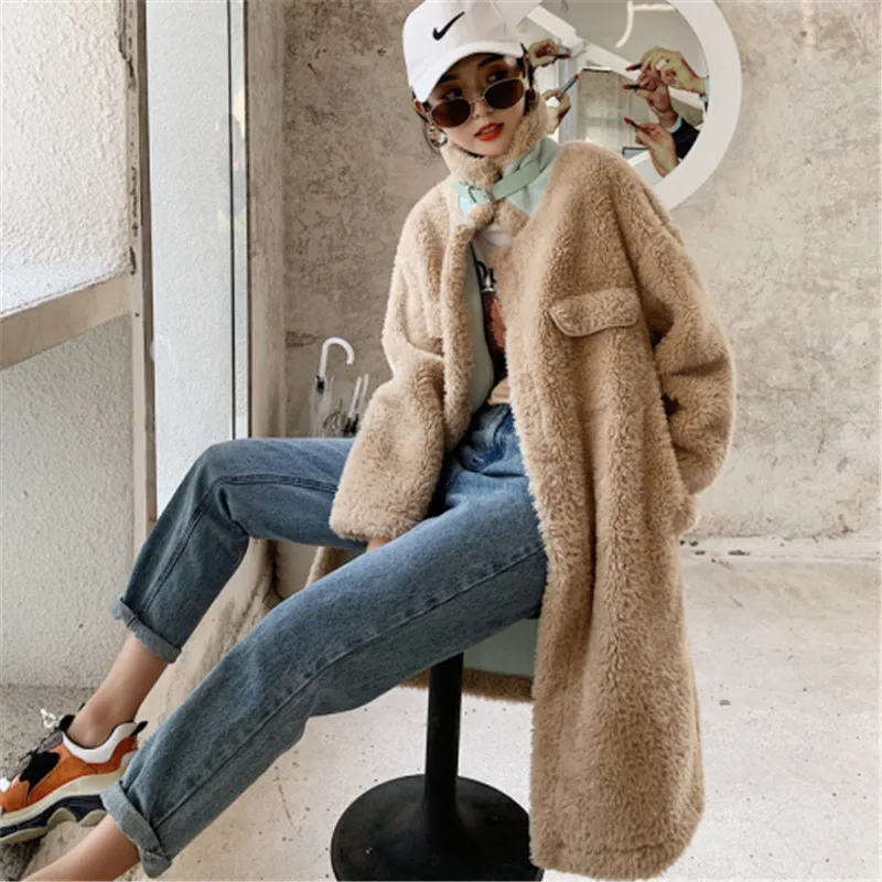 пальто женское Элегантные пушистые из овечьей шерсти женские зимние толстые