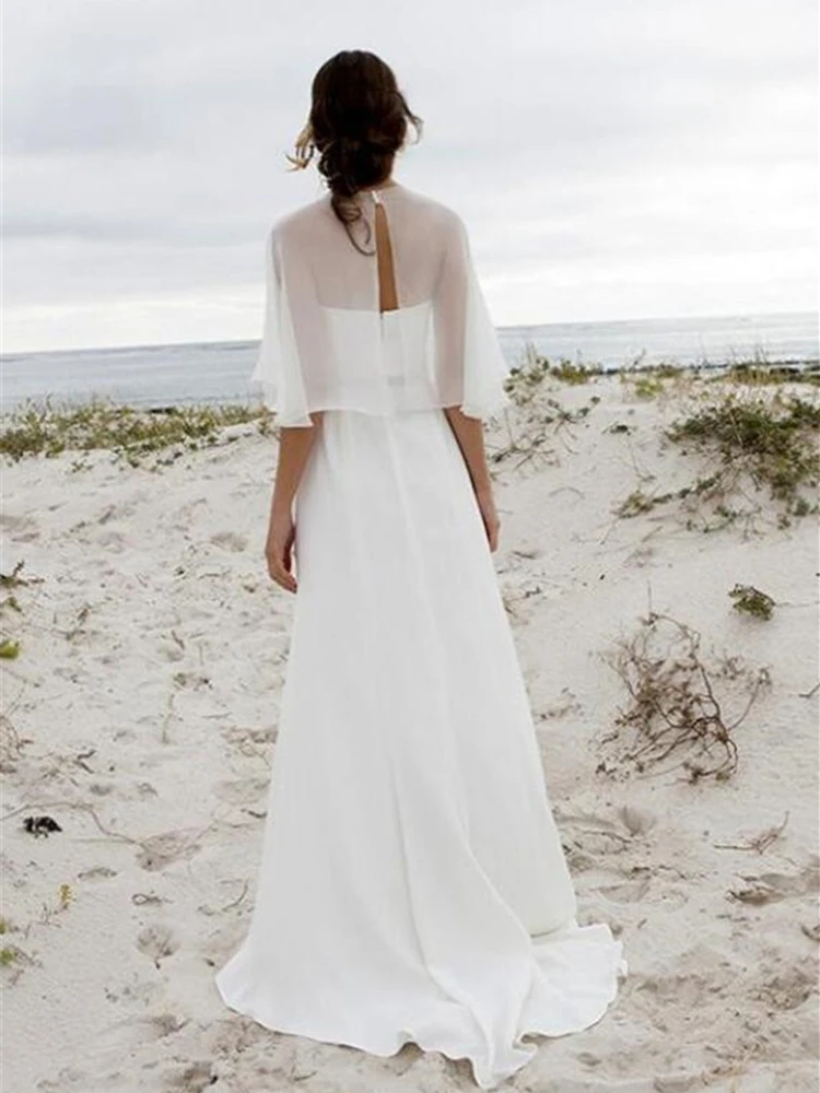 

Boho Beach Wedding Dress with Wrap Lace Jacket Chiffon Elegant Bohemain vestido de noiva Bridal Gowns Cutom Plus Size