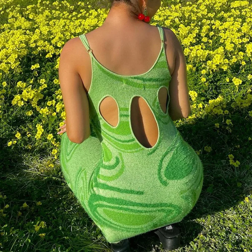 

Paisley Print Knit Dress Women Green Y2K Summer Sexy Bodycon Sleeveless Spaghetti Strap Beach Party Midi Dresses 2021