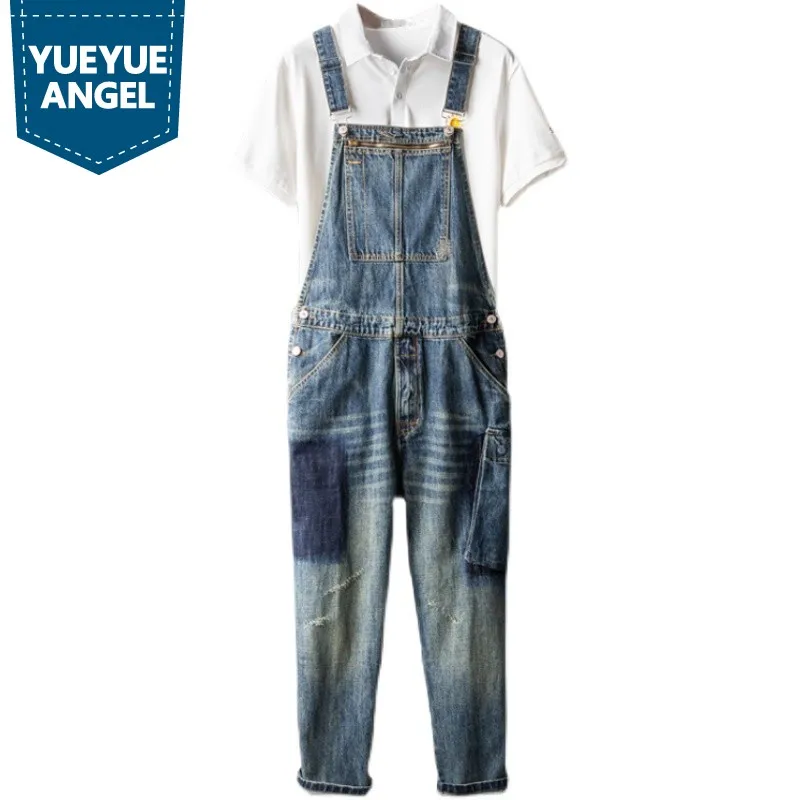 

Модные комбинезоны в стиле хип-хоп на бретелях, 2022, мужские короткие винтажные прямые Свободные Комбинезоны в японском стиле, джинсовый ком...