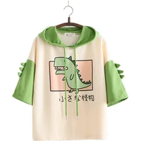 women dinosaur sweatshirts with horns sweet style short sleeve cotton hoodies girls green hoodie print hooded harajuku pullovers