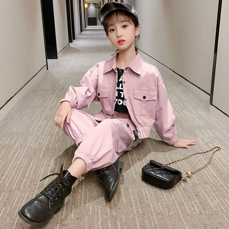 

Teen Girls Overalls Clothing Sets Spring Autumn Cool Long Sleeve Shirt Cargo Pants Tracksuit Kids Clothes Suit 8 10 12 13 Years
