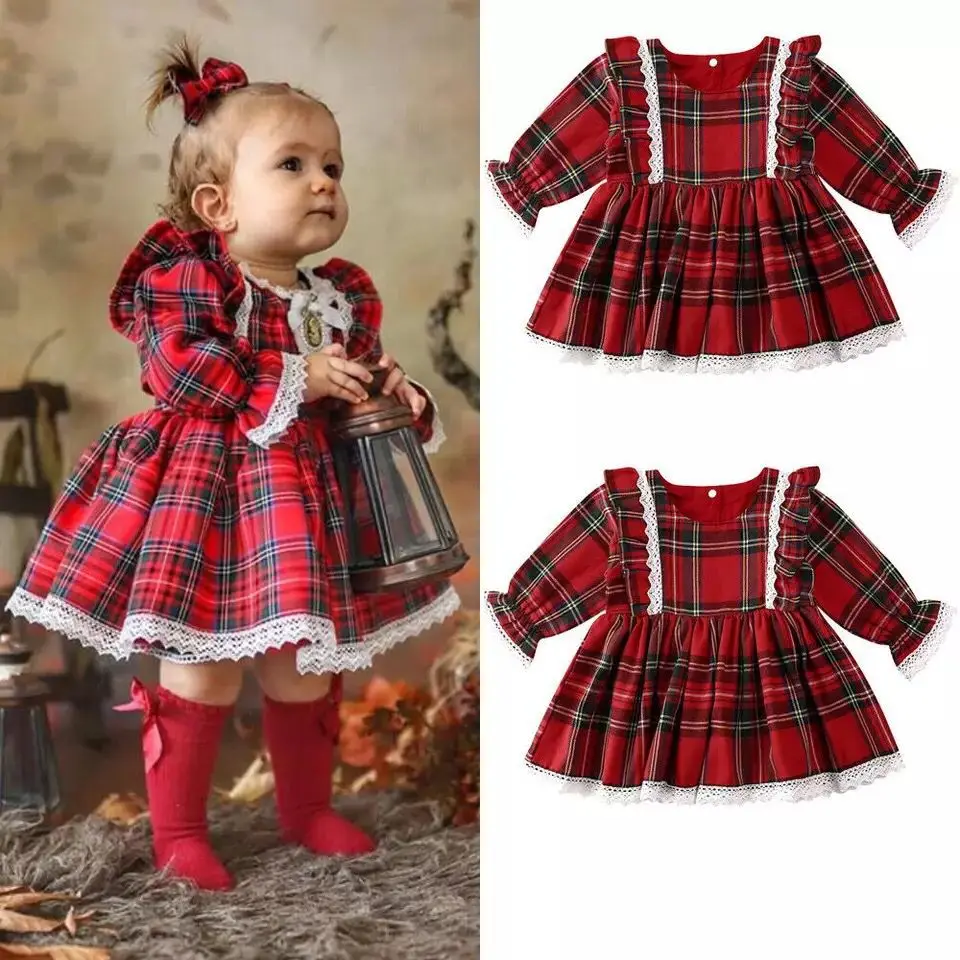 

Red Plaid Print Christmas Dress for Girls Clothing Lace Party vestidos Princess Girl Dress Flare Sleeve Ruffle Toddler Dresses