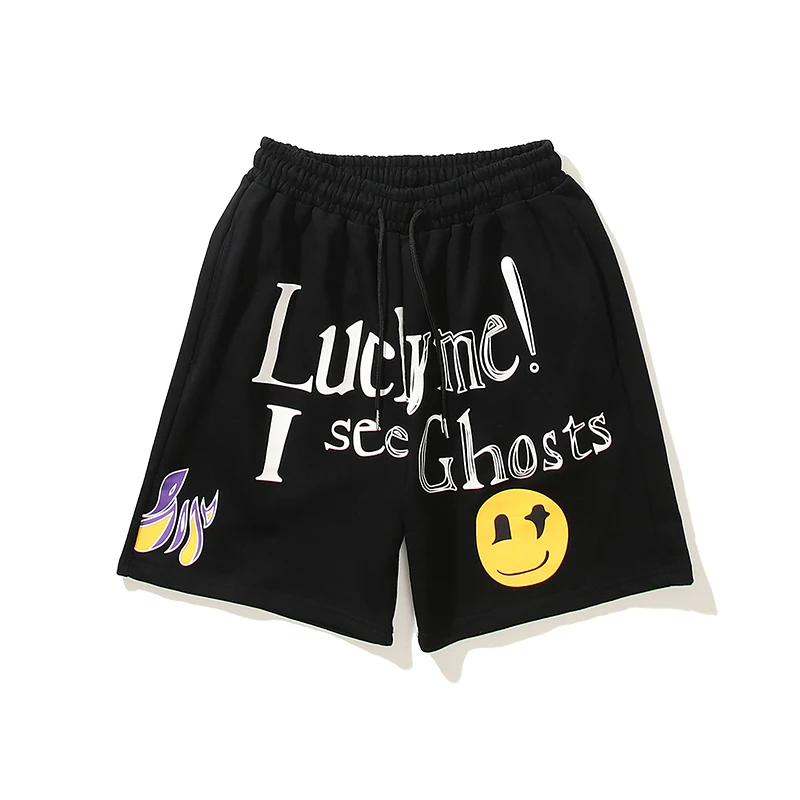 

Lucky Me I See Ghost Kanye Shorts Men and Women Smiley Graffiti Drawstring Joggers Oversize Casual Summer Kendell Short