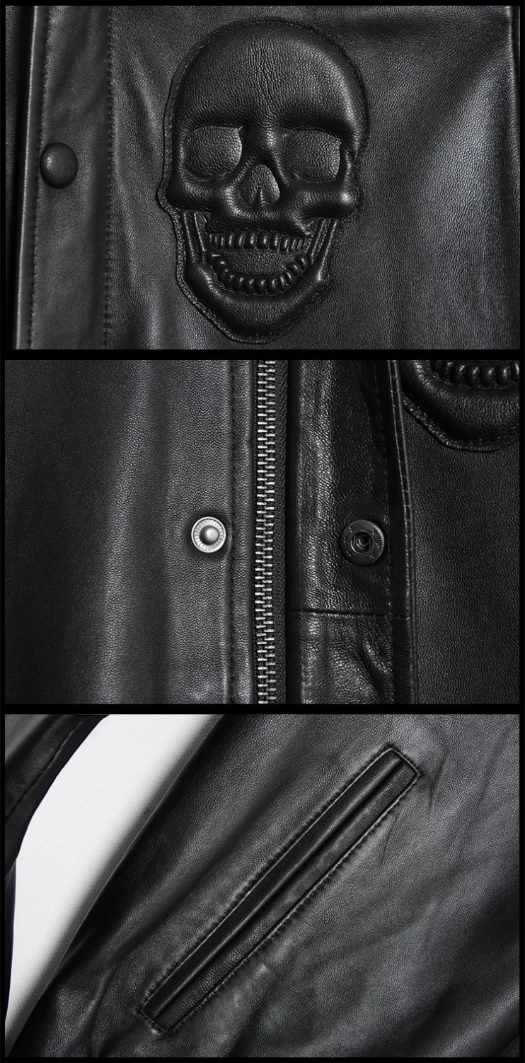 

Mens Sheepskin Motorcycle Real Genuine Leather Coat Bomber Jacket For Men Stand Collar Fashion Baseball Skull Male Korean