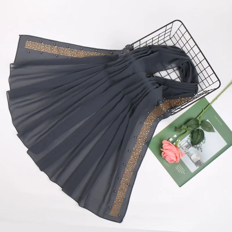 Plain Luxury Diamond Beads Bubble Chiffon Instant Hijab Ladies Stitch Chain Shawls and Wraps Bufandas Muslim Sjaal 180*75Cm