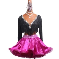 women latin dance dress competition costumes performance clothing childrens black v neck long sleeved tassel fishbone skirt