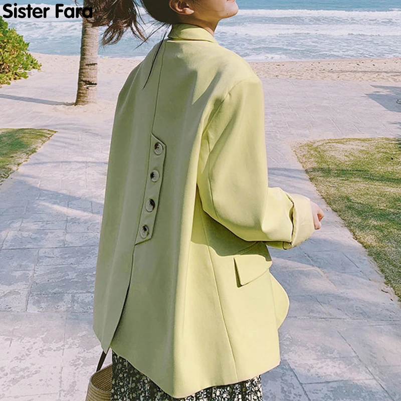 

Sister Fara Solid Back Buttons Split Blazer Women's Spring Jacket Coat Double Breasted Loose Blazers Ladies Autumn Casual Blazer