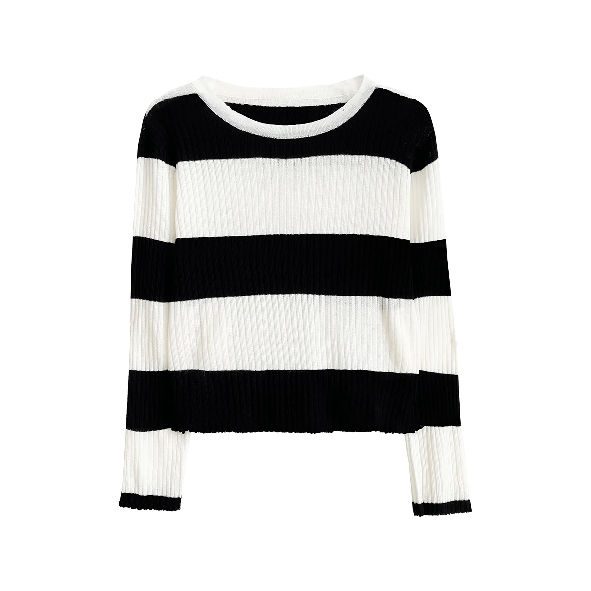 

Autumn new Korean version loose round neck versatile thin vertical pit striped sweater long-sleeved shirt women