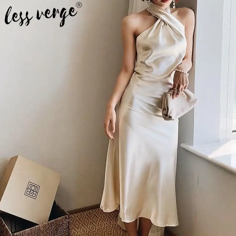 Lessverge Elegant Party Dress 2020 Spring Backless Women Sexy Club Bodycon Midi Halter Neck Solid Formal Long dress | Женская одежда