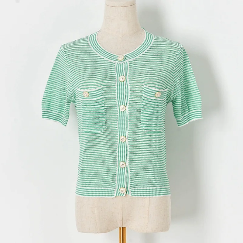 

Hollow Out Striped Short Sleeve Knit Cardigan for Women 2021 Fashion All-match Summer Sweaters Elegant Office Lady Female Tops