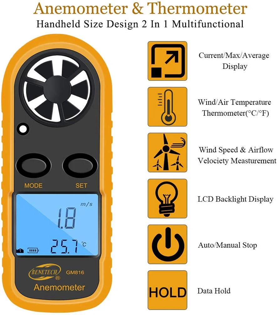 Benetech GM816 Анемометр Портативный цифровой LCD воздушного потока Windmeter термометр