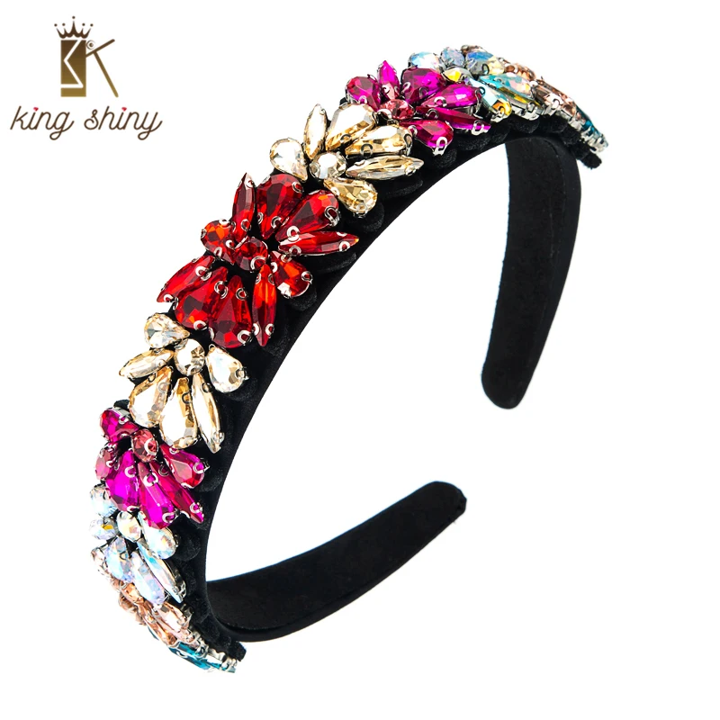 

King Shiny Vintage Multi Color Crystal Headband for Woman Elegant Geometric Gem Diamond Beaded Hairband Girls Party Tiara Crowns