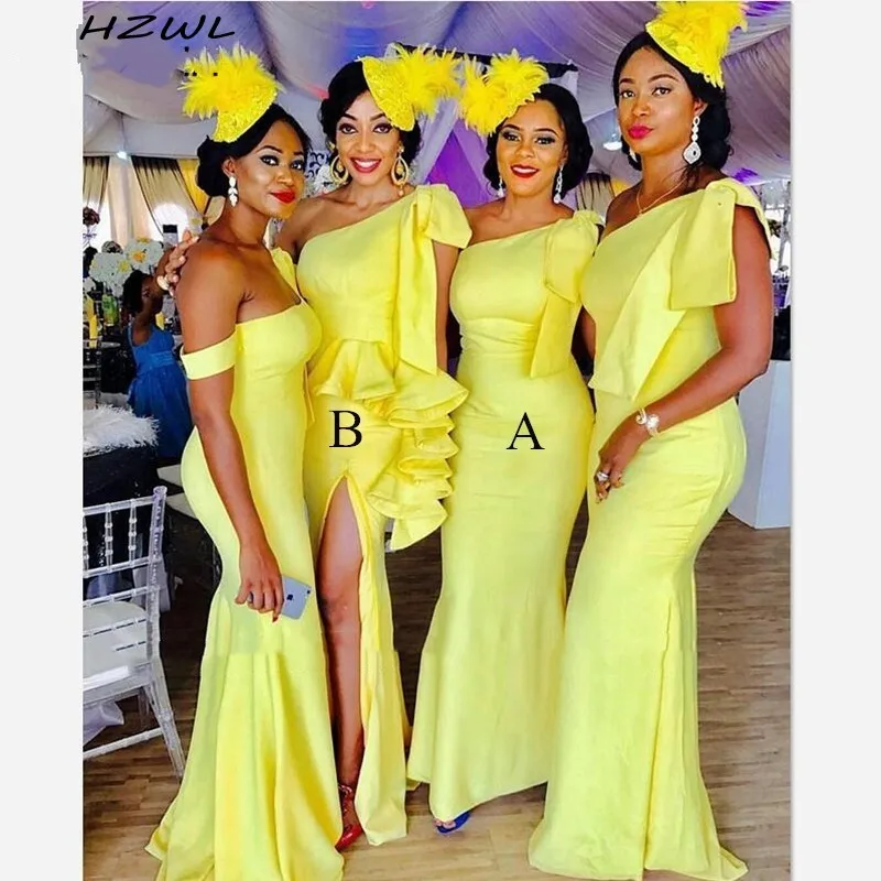 

Mixed Styles Bridesmaid Dresses One Shoulder Ribbon Front Split Peplum Maid Of The Honor Dress African Yellow Wedding Party Wear