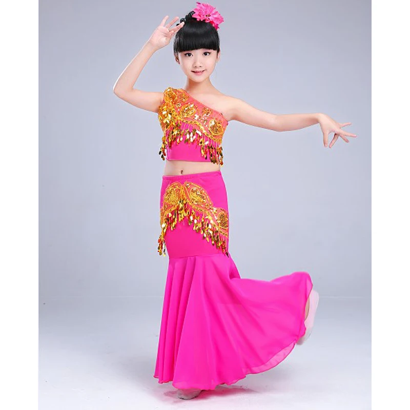 Rose red set Детские костюмы для танца живота для девочек, 3 шт., женский жилет с открытыми плечами, юбка в виде рыбьего хвоста, дизайн с блестками, детская одежда для костюмированной вечеринки - Цвет: Rose red set