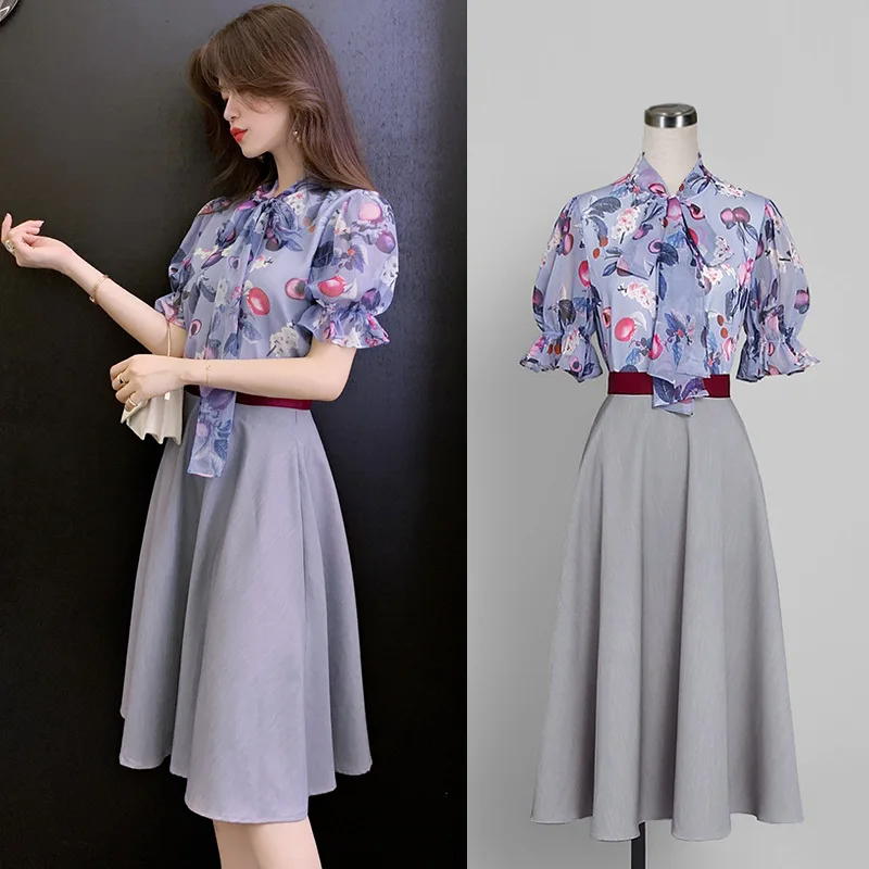 

Online celebrity temperament two-piece printed chiffon shirt skirt suit for summer 2021