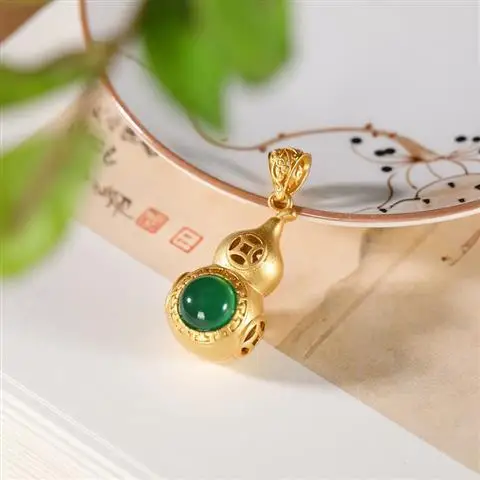 

S925 Sterling Silver Gilding Ancient Silver Gourd Coin Pendant Elegant Green Chalcedony Agate Gifts for Girlfriend Pendant