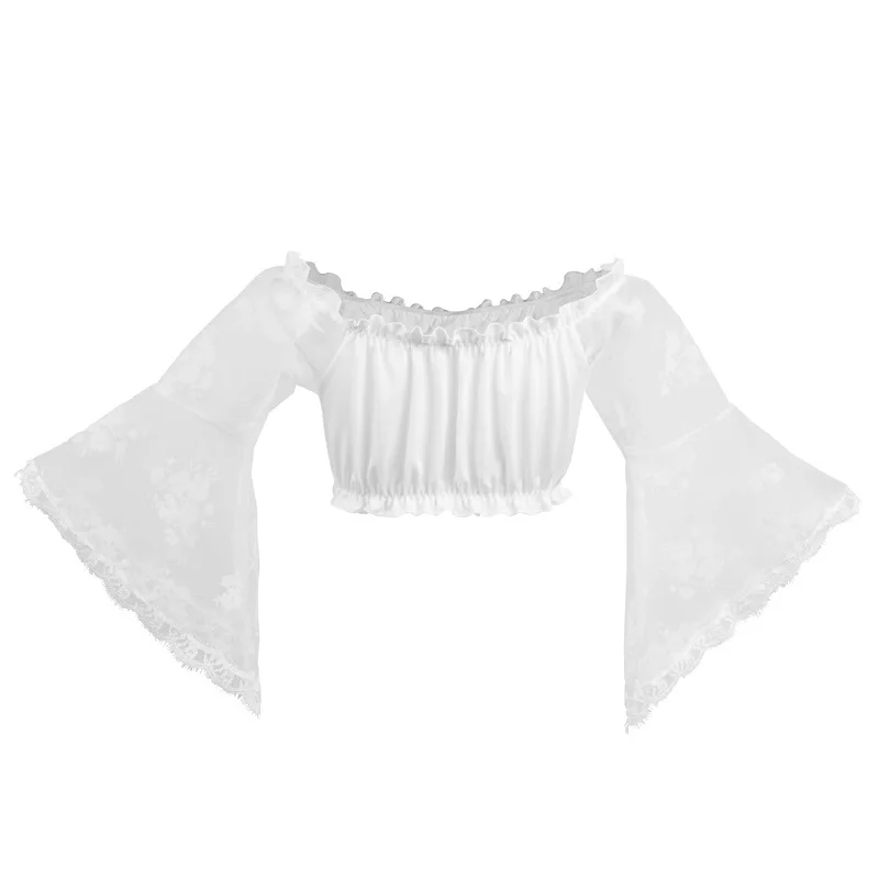 Женская винтажная блузка Черная кружевная с расклешенными рукавами открытыми