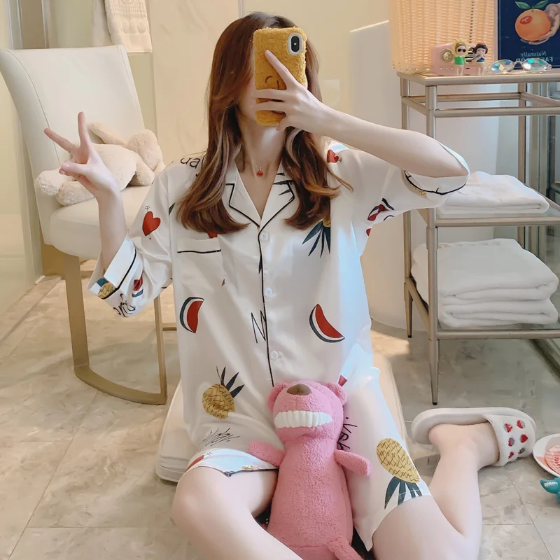 

Nightgowns Women Turn-down Collar Printed Mini Sleepdress Home Wear Fashion Three Quarter Sleeve Korean Style Chic Simple Thin