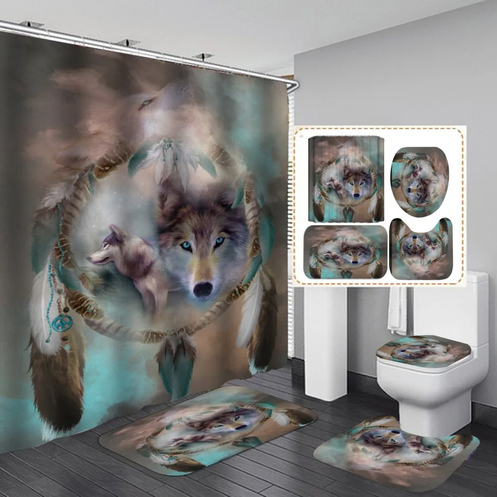 Wolf Dreamcatcher Printed Bathroom Curtain Set Non-Slip Rugs Toilet Lid Cover and Bath Mat Carpet Waterproof 3D Shower Curtains