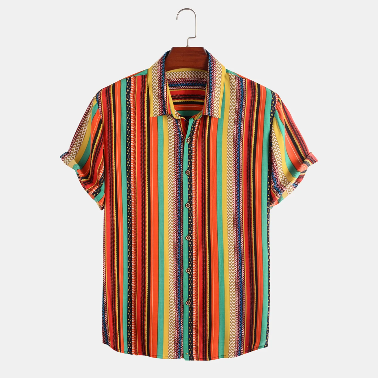 

Летняя мужская рубашка с принтом в полоску, повседневные Гавайские рубашки с короткими рукавами, крутая тонкая рубашка с отложным воротник...