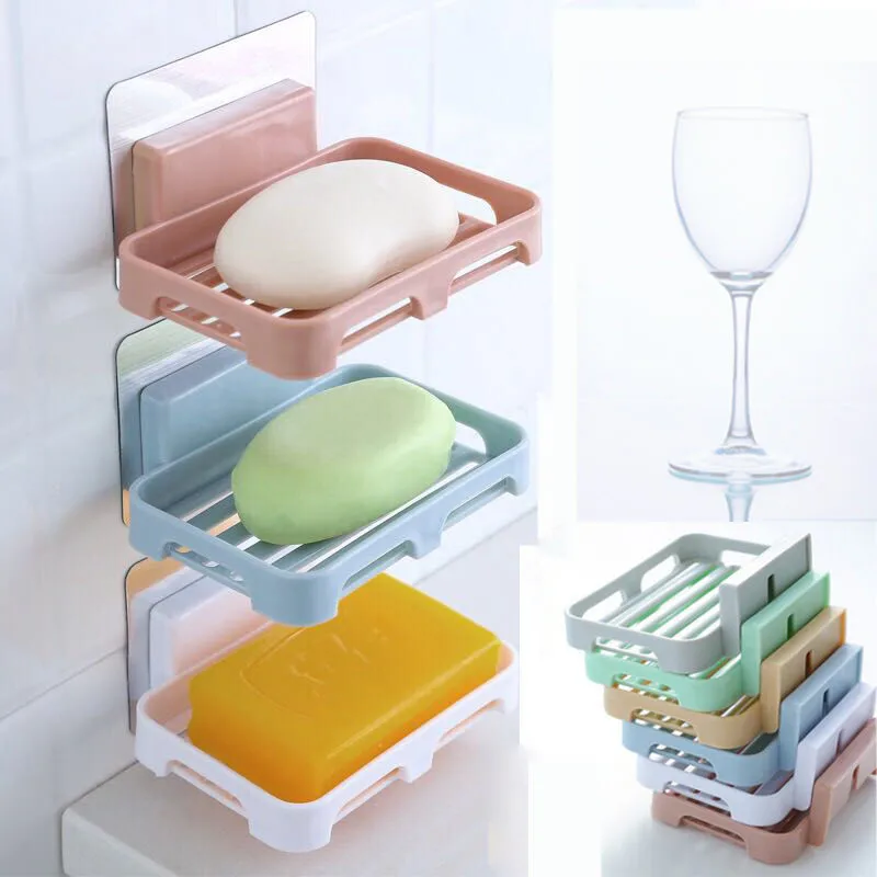 

Wall Hanging Soap Tray Rack Holder Plastic Seamless Hollow Design Paste Drain Soap Box Bathroom With Stickers Sink Soap Dish