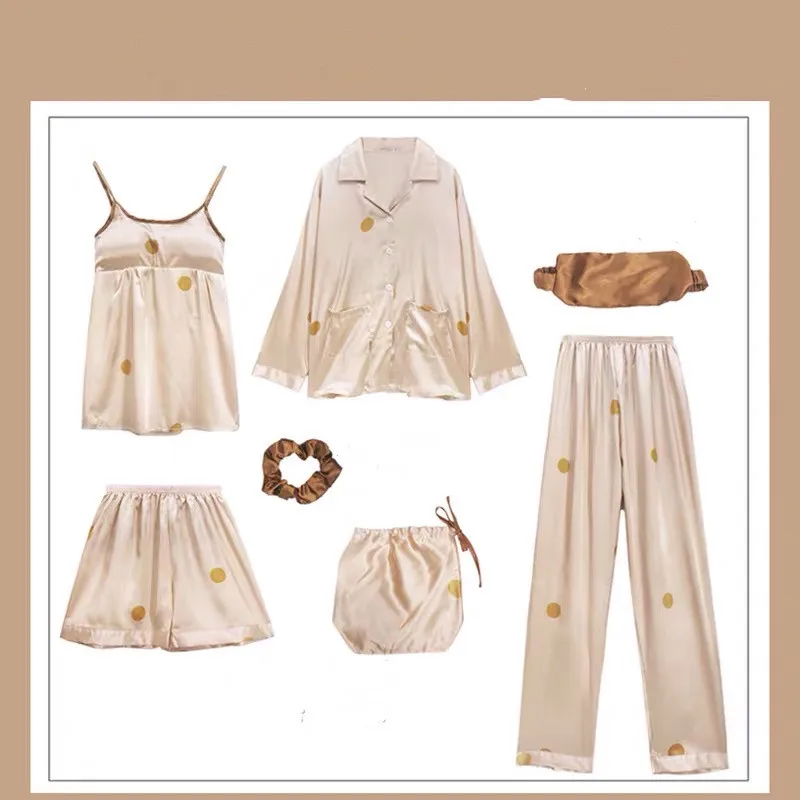 

2020 Women's Pajamas Sets 7 Pieces Emulation Silk Sleepwear Sets Spring Autumn Homewear Woman Pyjamas Sets