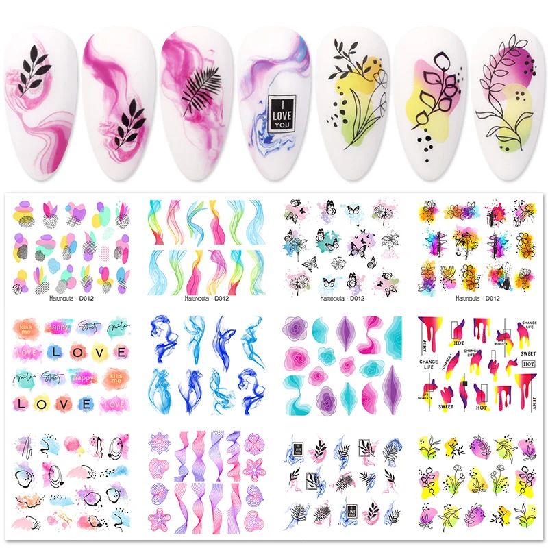 12Pcs/Set Colorful Blooming Waves Nail Water Decals Flower Leaves Lines Stickers Sliders For Nails DIY Manicures Watermark Tips