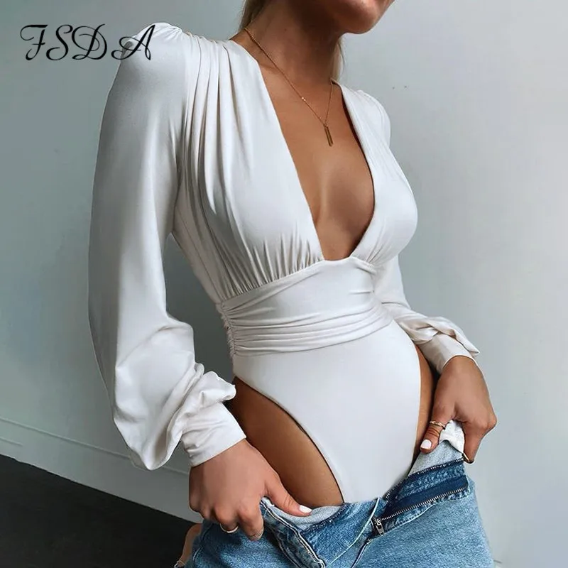 

FSDA V Neck Long Puff Sleeve Black Sexy Bodysuit Autumn Winter Casual Women Body Top White Skinny Waist Bodysuits Ladies Fashion