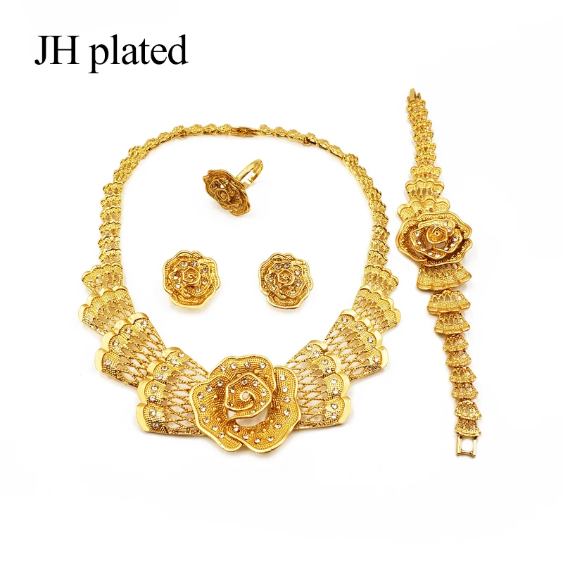 JHplated нигерийские Дубаи Модные Ювелирные наборы с цветами Африканские свадебные подарки вечерние для женщин украшение колье серьги кольцо