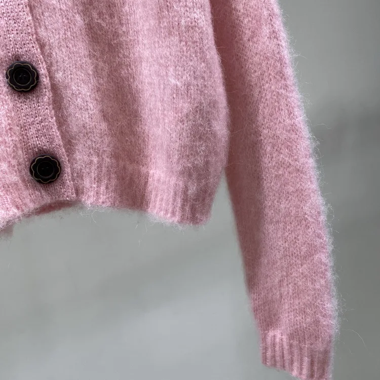 

Brand Fashion Women High Luxury Winter Vintage Sweet Pink Mohair Cardigan Loose Knitted Sweater