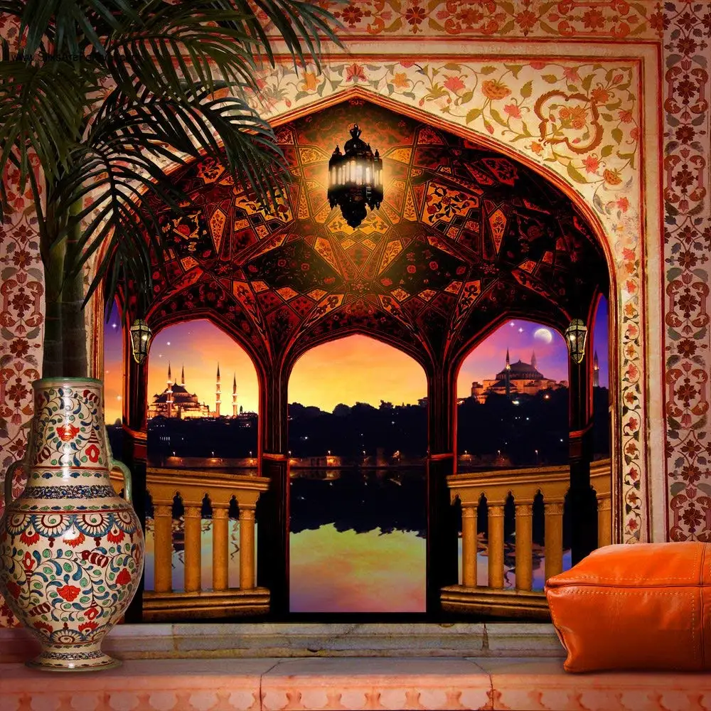 

Photo Background Floor Arabian Balcony Palace Night Column Light Palm Tree Backdrops Computer Print Wedding Background