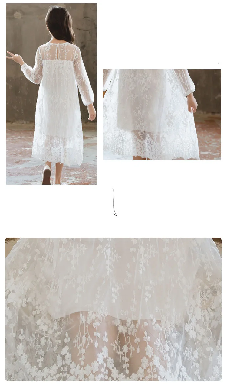 Big Girls Lace Hollow Summer Dress Kids Party Frocks Long Sleeve Elegant White bridesmaid Children Evening Vestidos | Детская одежда и