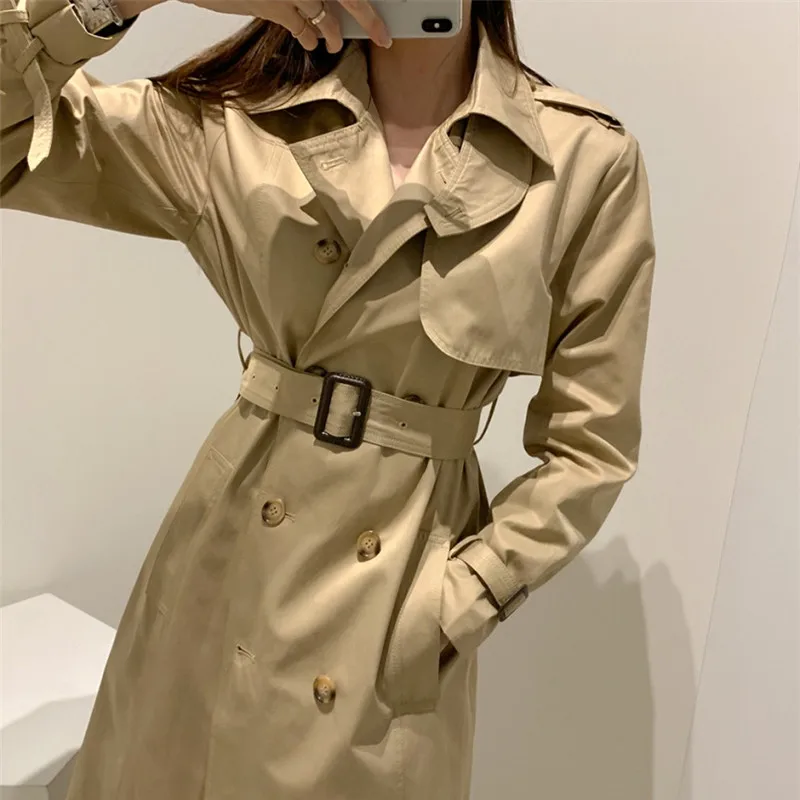 

New 2021 Autumn Winter Women's Windbreaker Cargo Buttons Vintage Oversize Lace Up Office Lady Long Trench Tops