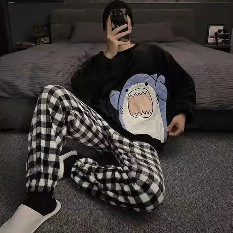 Shark Pijamas Couple Matching Pajamas Set Plaid Pants Winter Thick Flannel Sleepwear Men's Women Pyjama Homesuits Black Shirts