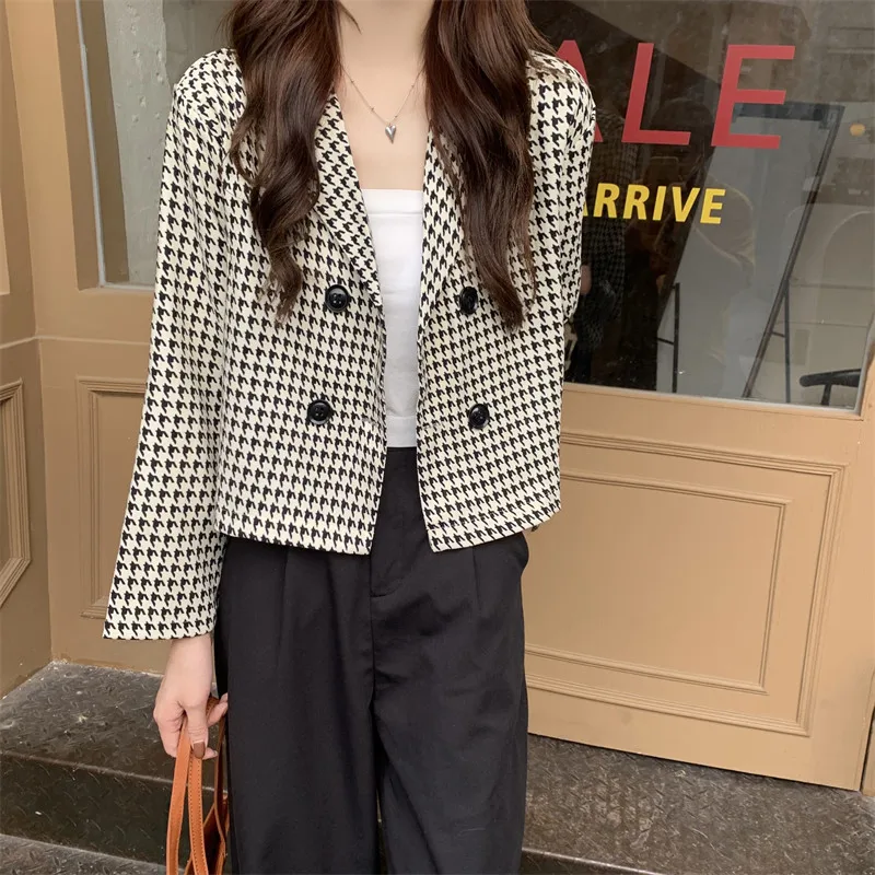 

Женская Осенняя куртка в стиле «гусиные лапки», двубортная короткая уличная одежда в стиле ретро, женский свободный тонкий корейский топ, повседневный женский топ, новинка 2021