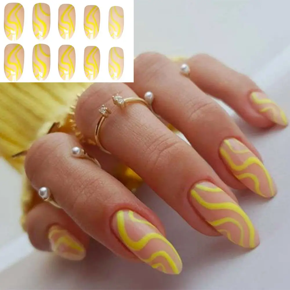 

24Pcs Yellow Wavy Style Almond False Nails Wearable Fake Nails Artificial Detachable Press On Nails Nail Tips Full Cover