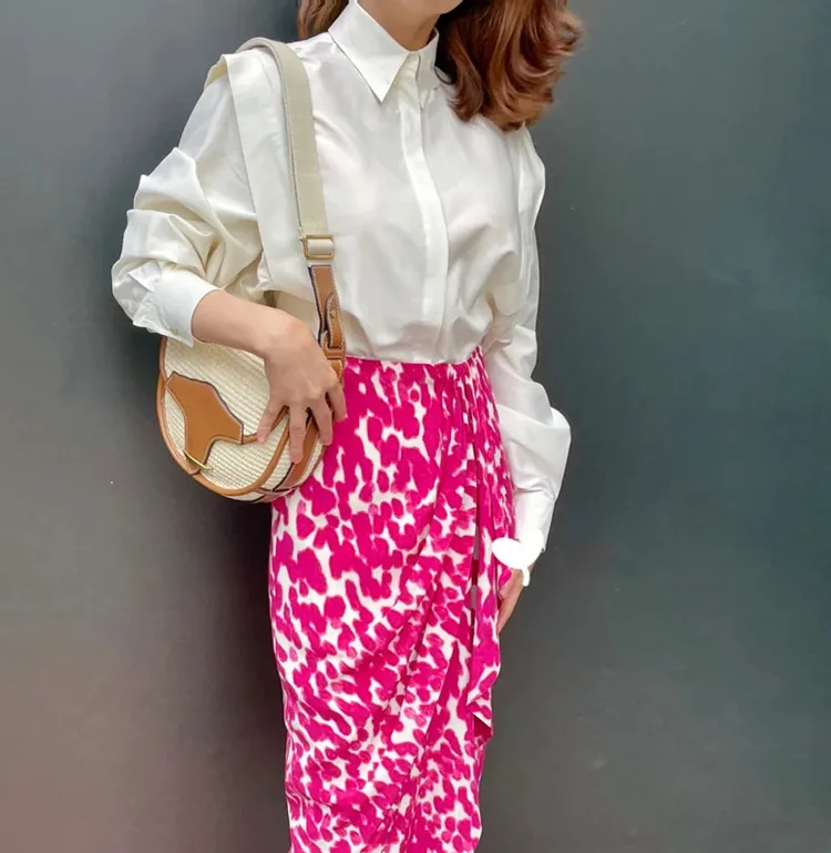 

Women Skirt 2021 Autumn New Printed Silk Pleated Rose Red Mid-length Skirt