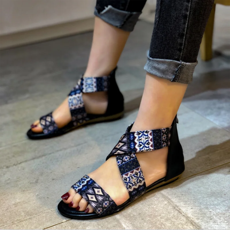 

2021 Summer New Ethnic Style Casual Fashion All-match Flat-bottomed Slope with Open Toe Bohemian Roman Sandals Women XM251