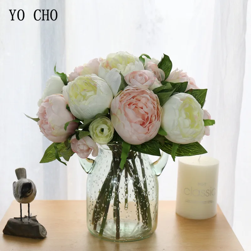 

YO CHO 10 Heads 18CM Artificial Rose Peony Flowers Wedding Bride Bouquet Silk Flowers DIY Home Table Decor Rose Flowers Bouquet