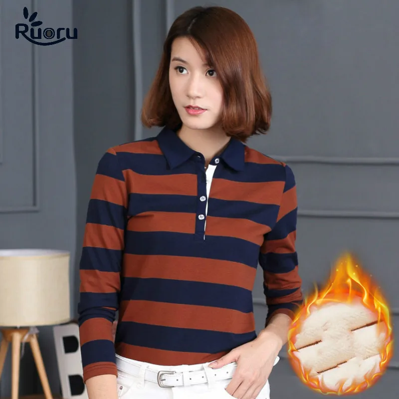 Ruoru зимняя полосатая плотная рубашка поло женская хлопковая модная тонкая с