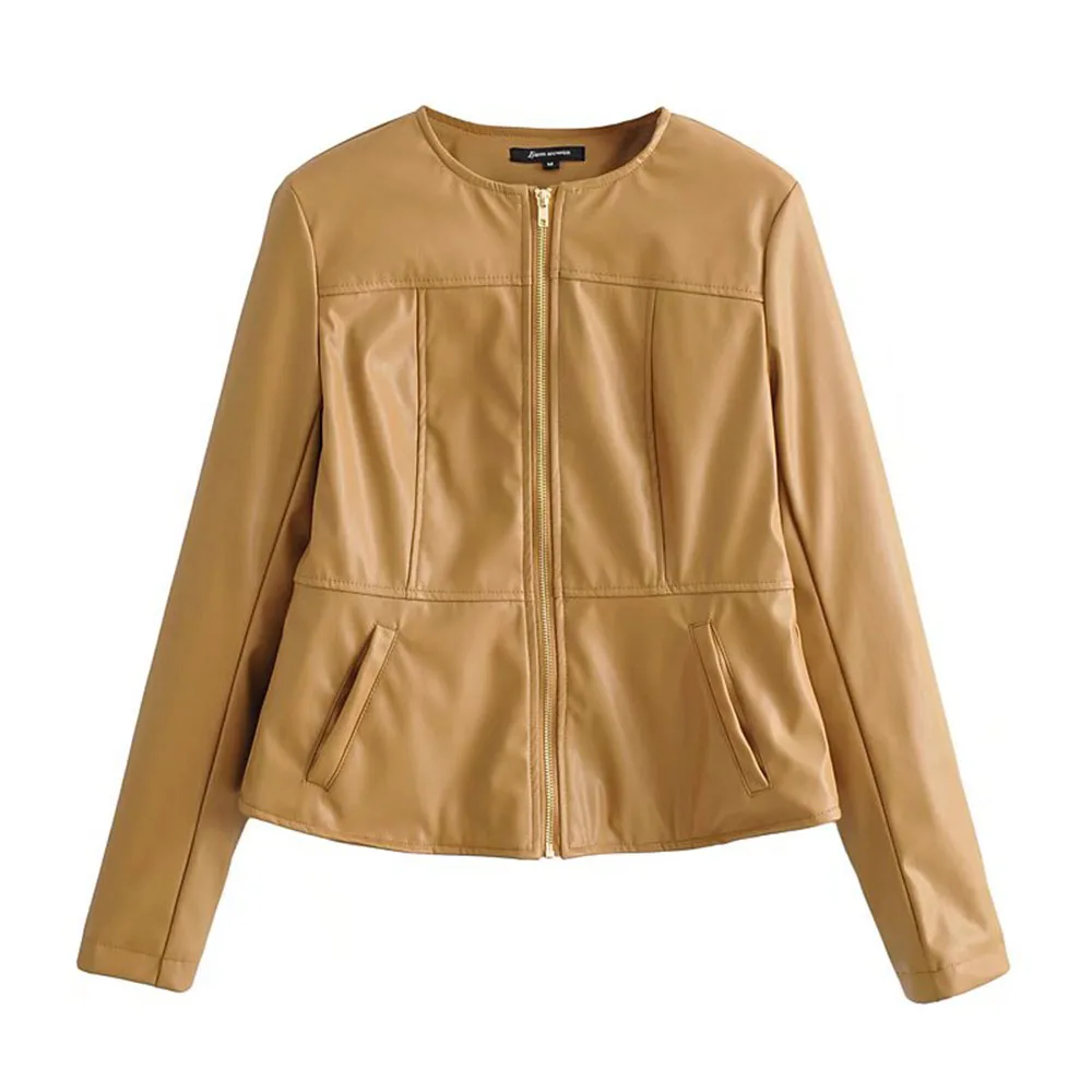 

Женский однотонный кардиган Za, жакет из искусственной кожи на молнии с карманами и длинным рукавом, 2021