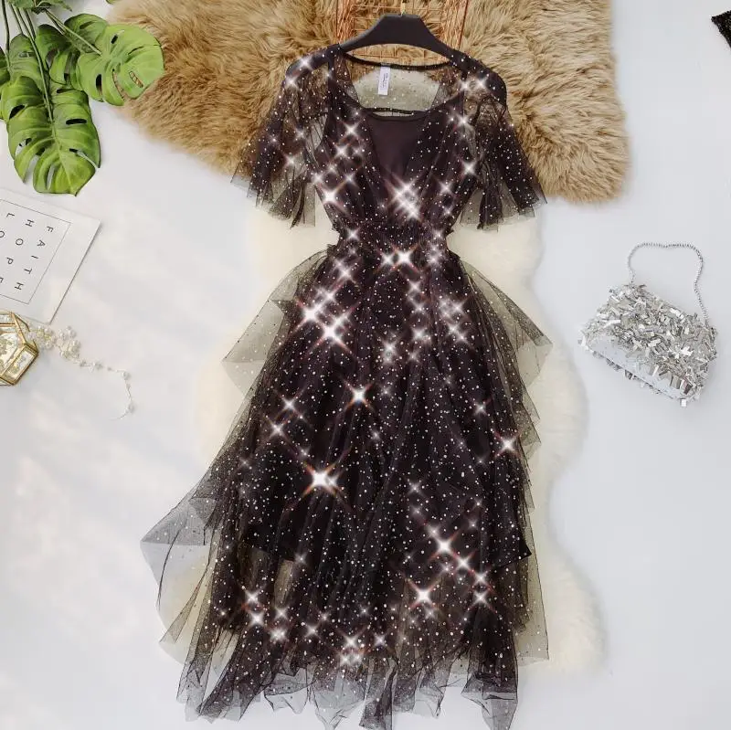 

Fairy Glitter V-neck Irregular Mesh Gauze Spliced Cascading Ruffles Dress Bodycon Sequins Pleated Dress Flared Sleeve Vestidos