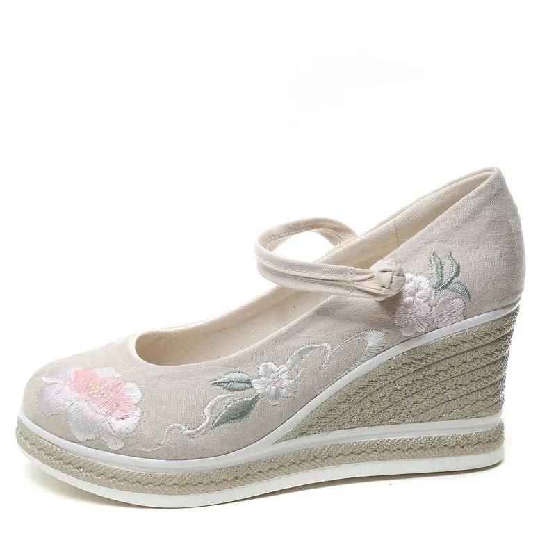 

Beige High Heels 2021 Women's Shoes With Straps Classic Style Round Toe 12cm Latest Spring Buckle Summer Retro Casual Fabric Flo