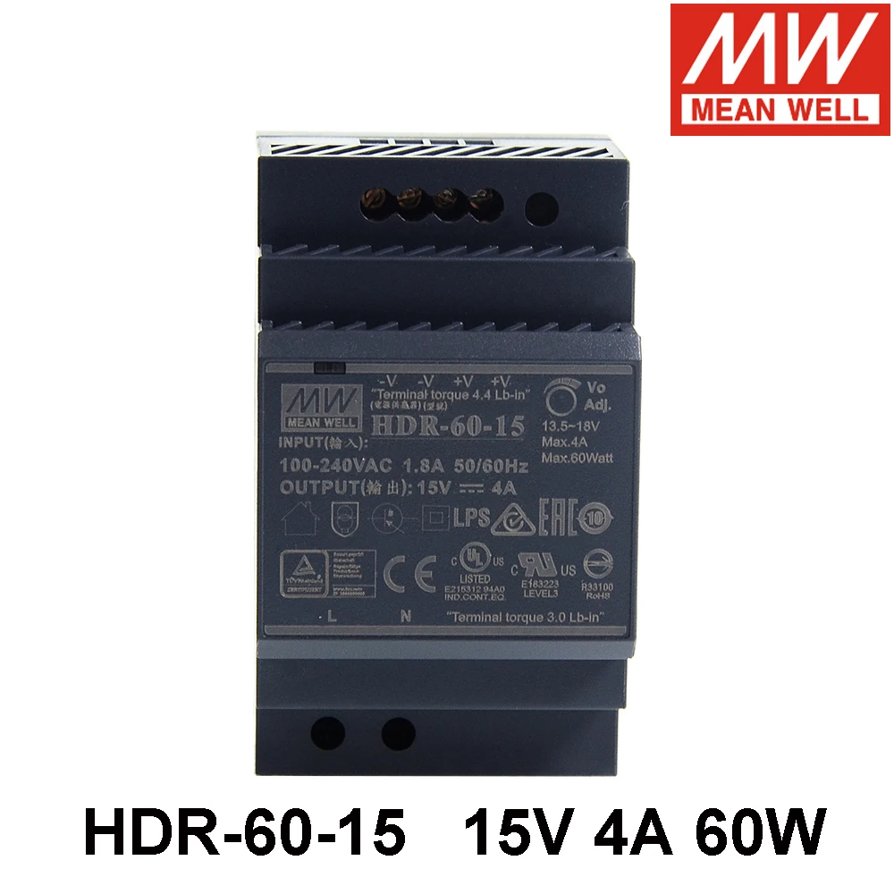 

MEAN WELL HDR-60-15 85-264V AC TO DC 15V 4A 60W Single Output DIN Rail Switching Power Supply Meanwell HDR-60 Solid SMPS