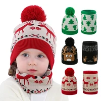 kids christmas hat scarf set cartoon deer knitted hats xmas tree print pompom beanie cap for girls boys winter baby accessories