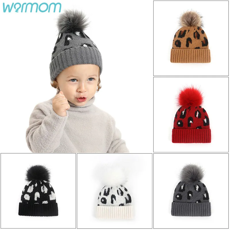 

Warmom Knitted Children's Hooded Leopard Print Big Hair Ball Warm Baby Hat Knitted Boy/Girl Cotton Caps Child Gift Kids Cap