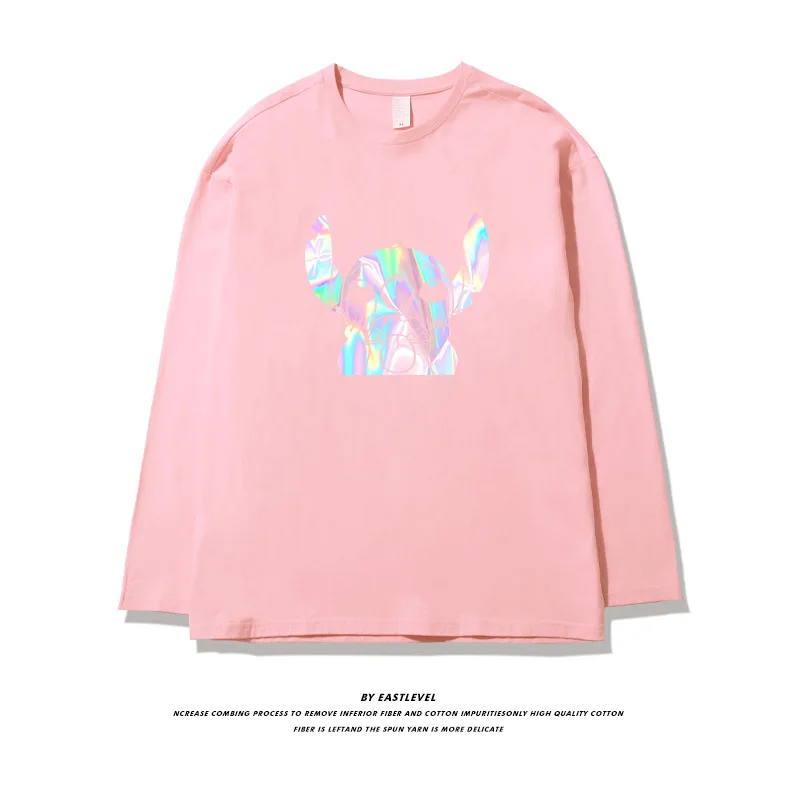 

Disney 2021 new stitch Angel little monster long sleeve T-shirt hip hop laser reflective men's loose want long sleeve netflix